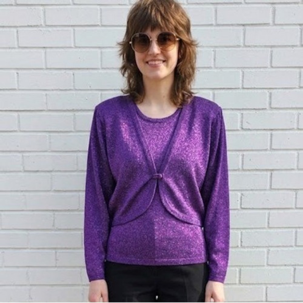 VTG 80s Sweater Set Womens Medium Purple Metallic Shimmer Cardigan Tank Disco